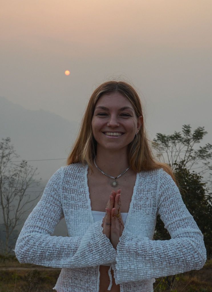 Yoga teacher, praying, spiritual woman